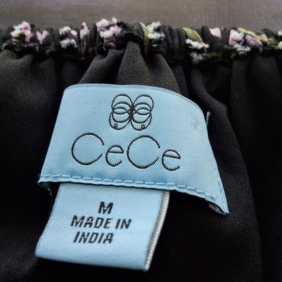 CeCe Floral Off-The-Shoulder Lantern Sleeve Black Top Womens Sz M - Picture 7 of 8